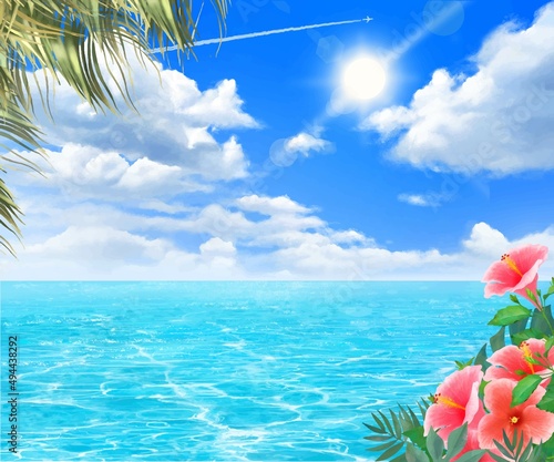 太陽の光差し込む青い空の下、美しい海沿いにヤシの木とハイビスカスの咲く夏のおしゃれフレーム背景素材
