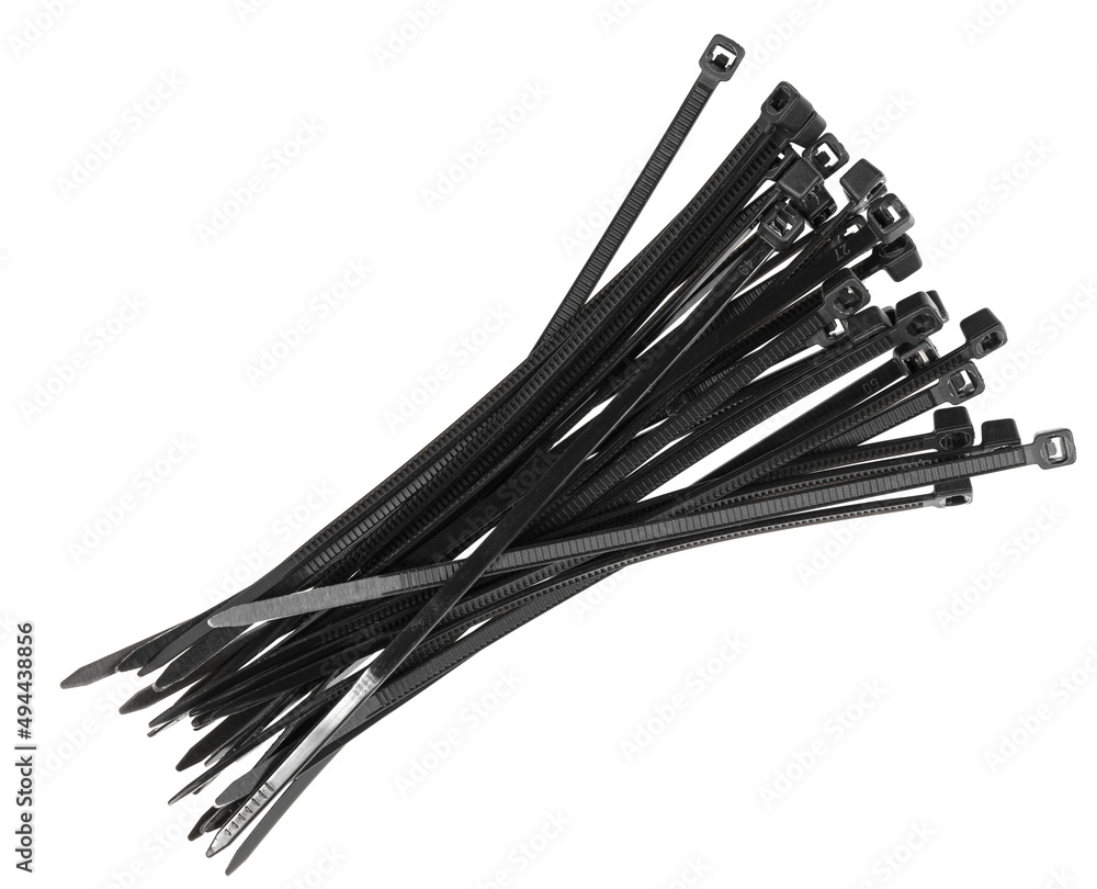 Black plastic cable ties isolated on white background. plastic wire