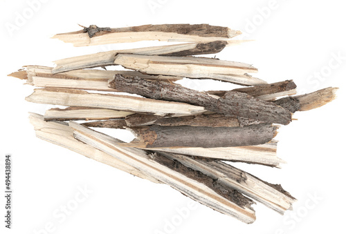 Dry tree twigs branches isolated on white background. pieces of broken wood plank. small wood chips close-up
