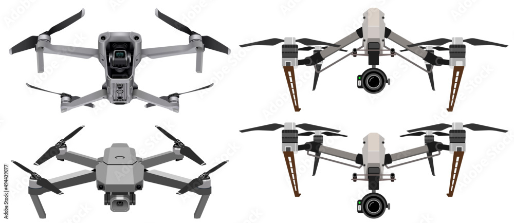 Drone Collection - fully editable vector illustrations of drones with 4K Definition Ariel Video and Photography Stock Vector Adobe Stock
