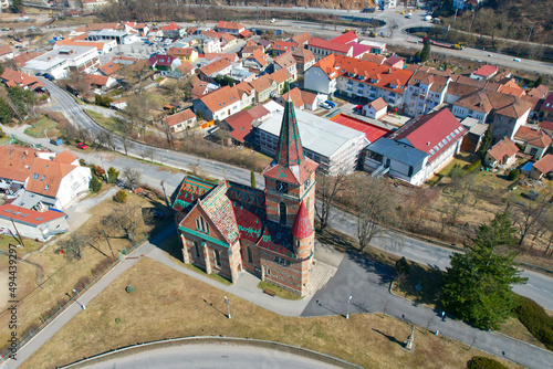 Aerial view of church of St. Cyril and Methodius in village near “Brno” town called “Bilovice nad Svitavou” photo