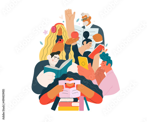 Books graphics -book week events. Modern flat vector concept illustrations of reading people - a group of men and women reading and sharing books and e-books on tablets sitting surrounded by plants