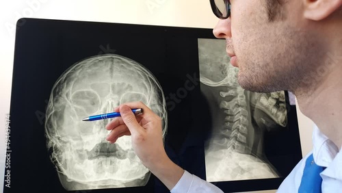 Doctor radiologist analyzing a paranasal sinus x-ray with maxillary sinusitis of a otorhinolaryngologist patient.