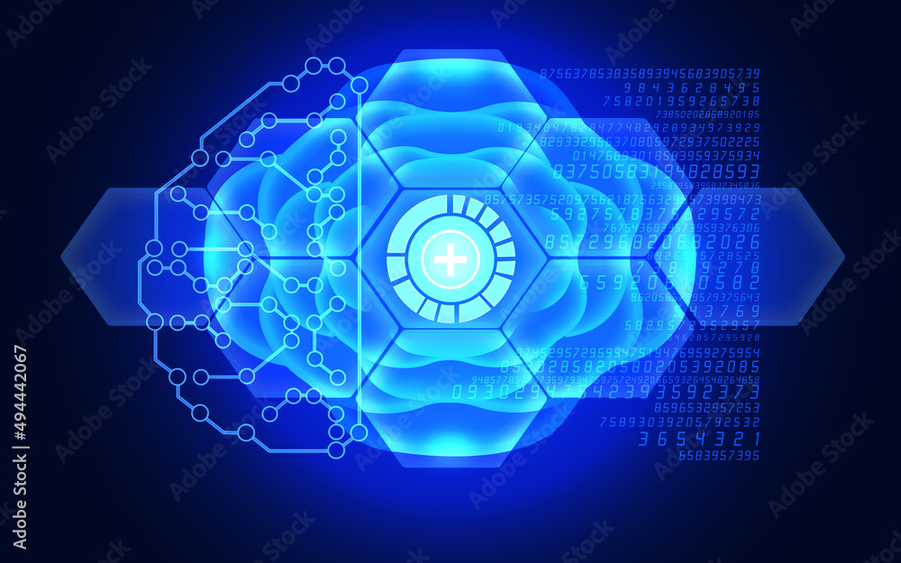 Plus Sign Button is Reflecting Over Futuristic Electronic Circuit in 3D Brain Symbol Plus Sign Button is Reflecting Over Futuristic Electronic Circuit in 3D Brain Symbol