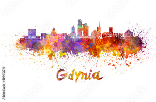 Gdynia skyline in watercolor splatters with clipping path photo