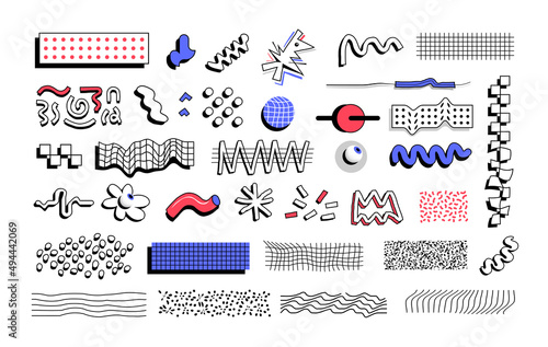 Set of abstract vector quirky memphis style shape objects and textures