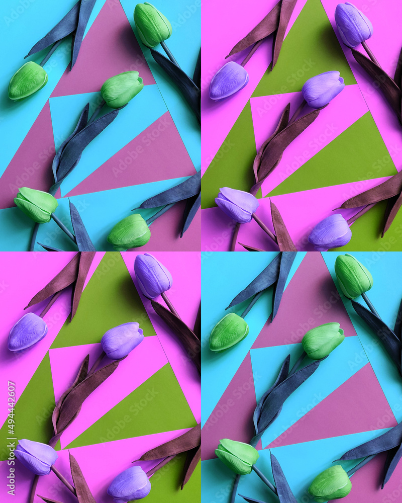 Collage of very peri and green tulips on a colored background. Flowers on blue, pink and green mosaic background Collage of very peri and green tulips on a colored background. Flowers on blue, pink and green mosaic background