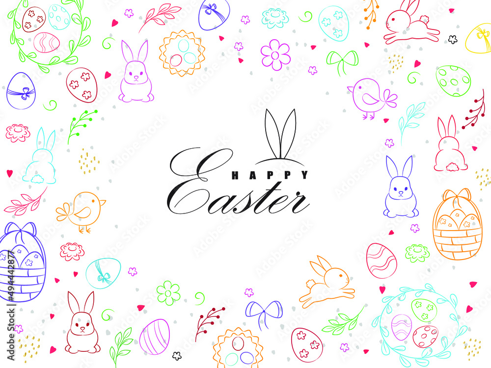 Template vector card with colorful eggs, rabbit and flowers on white background. Happy Easter. Doodles elements