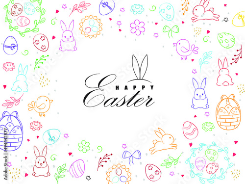 Template vector card with colorful eggs, rabbit and flowers on white background. Happy Easter. Doodles elements