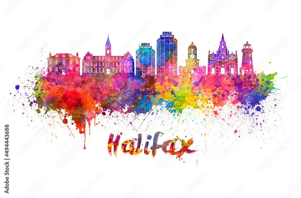 Halifax V2 skyline in watercolor splatters