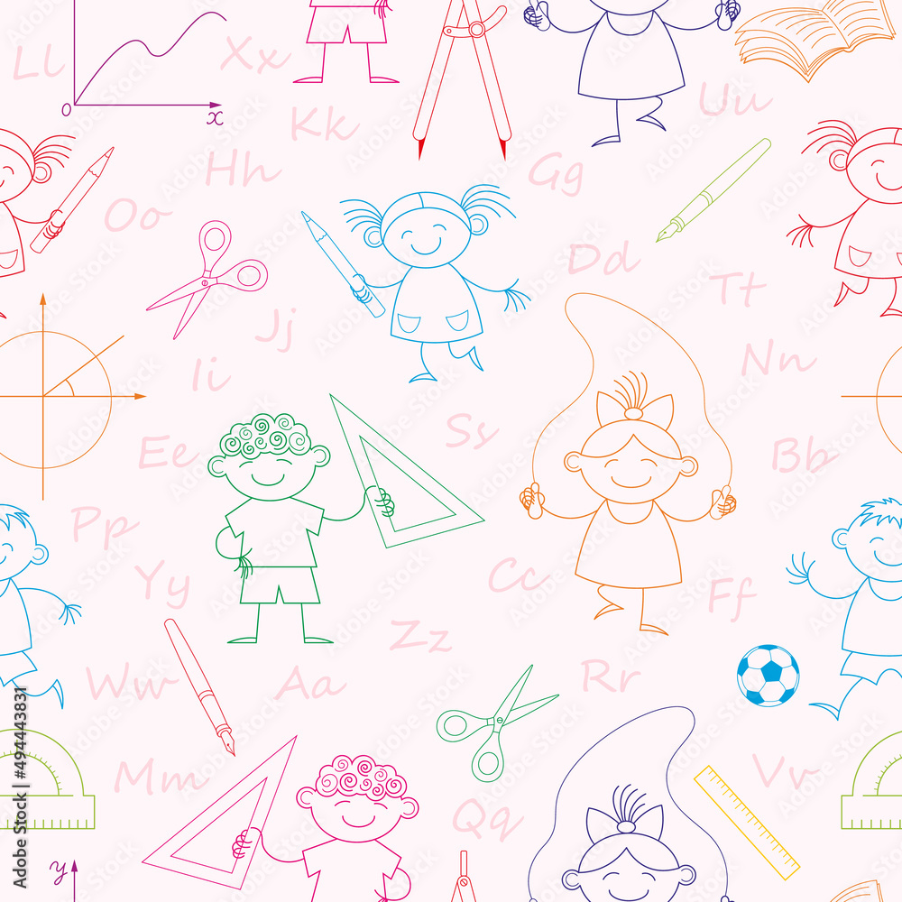 Seamless pattern with school supplies and happy schoolchildren on a light background