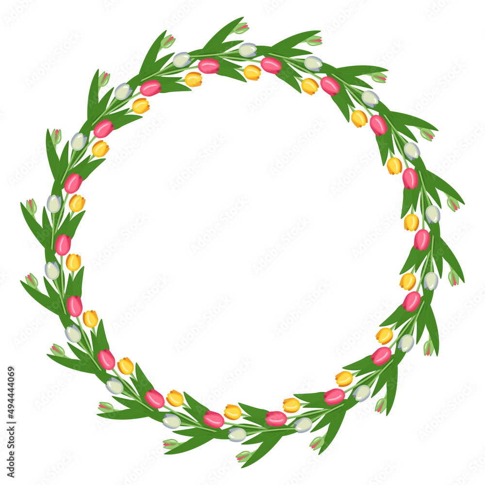 Round wreath of tulip flowers. Frame with spring blooming composition with plants and leaves. Festive decoration for wedding, holiday, postcard and design. Vector flat illustration Round wreath of tulip flowers. Frame with spring blooming composition with plants and leaves. Festive decoration for wedding, holiday, postcard and design. Vector flat illustration