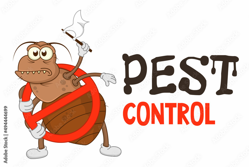 Funny vector illustration of pest control logo for fumigation business. Comic locked bed bug surrenders. Design for print, emblem, t-shirt, sticker, logotype, corporate identity, icon. Funny vector illustration of pest control logo for fumigation business. Comic locked bed bug surrenders. Design for print, emblem, t-shirt, sticker, logotype, corporate identity, icon.
