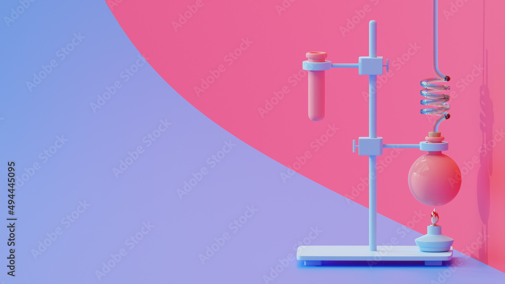 Test tube and lamp on Violet and Magenta background. Space for banner and logo. Science experiment concept, 3D render Test tube and lamp on Violet and Magenta background. Space for banner and logo. Science experiment concept, 3D render