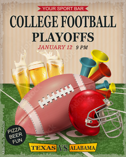 College playoffs football poster.Background with Beer and American Football ball. 