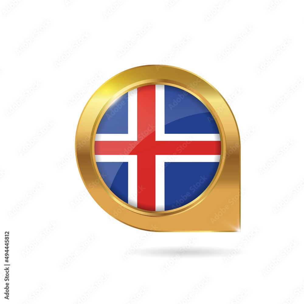 Flag of Iceland, location map pin, pointer flag, button with the reflection of light and shadow, gold frame, Icon country. Realistic vector illustration on white background
