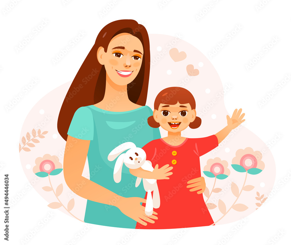 Mother and daughter. A mother hugs her daughter. Maternal support. Сhild care. Mother's Day. Cute cartoon vector illustration Mother and daughter. A mother hugs her daughter. Maternal support. Сhild care. Mother's Day. Cute cartoon vector illustration