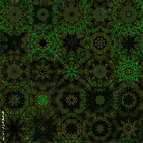 Art of darkness and earth with green moss lines and brown mud soil, with kaleidoscope concept, mandala and seamless pattern