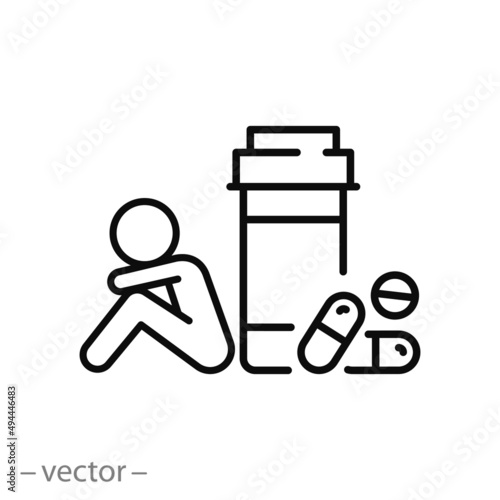 addict icon, dependent person, addiction for pills, drug bottle, thin line symbol on white background - editable stroke vector illustration