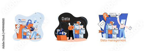 Big data analytics platform, data management and protection creative metaphor set abstract concept. Data center room disk infrastructure business information safety. Technology Internet and network