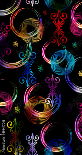 a combination of several ornaments with dark and bright colors