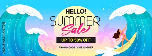 Summer Sale Banner vector illustration. Woman surfing big wave.
