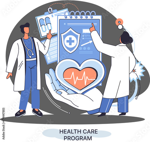 Health care program metaphor, online medical services, protection medicine. Medical insurance, hospital services, preventive check up, sick leave certificate treatment diagnosis patients, telemedicine