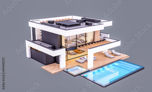 3d rendering of modern cozy house with pool and parking for sale or rent in luxurious style. In the evening. Isolated on gray © korisbo