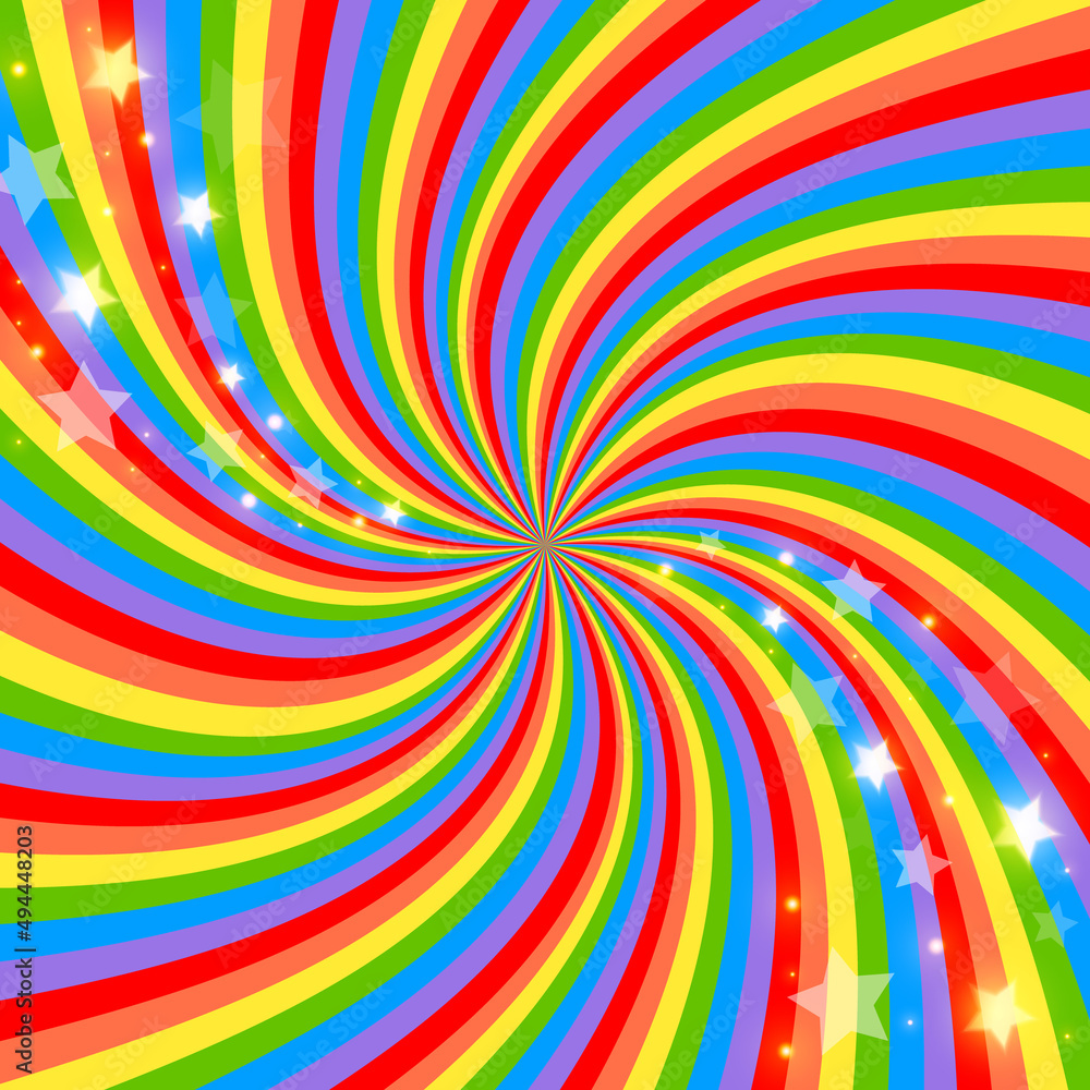 Rainbow swirl background with stars. Radial gradient rainbow of twisted spiral. Vector illustration.