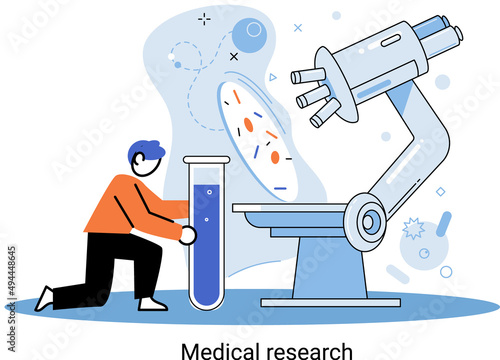 Medical research metaphor. Laboratory diagnostic services, Scientists work equipment and microscope. Virologists chemistry clinic laboratories, microbiology pharmaceutical research. Vaccine discovery