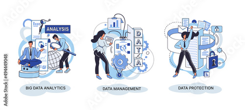Big data analytics platform, data management and protection creative metaphor set abstract concept. Data center room disk infrastructure business information safety. Technology Internet and network