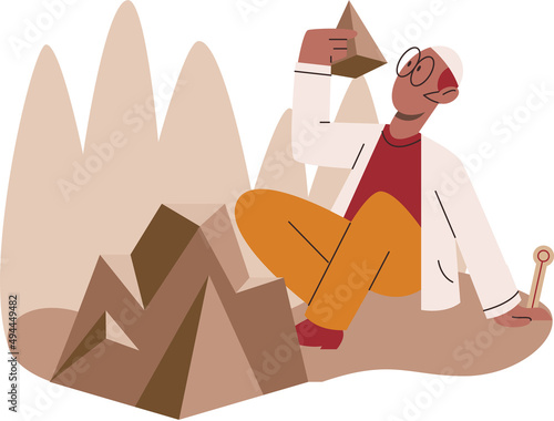 Scientist geologist explores mountain hills and plants in nature. Biologists studying environment and stones. Explorer in forest conducts experiments takes care of ecology. Researcher study flora