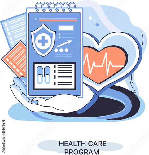 Health care program metaphor, online medical services, protection medicine. Medical insurance, hospital services, preventive check up, sick leave certificate treatment diagnosis patients, telemedicine