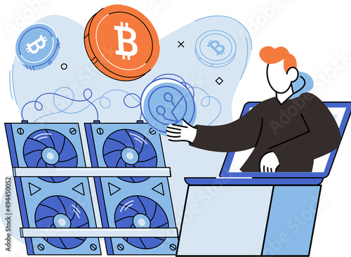Blockchain technology. Cyber banking space procedures. Ecurrency transactions. Digital currency, cryptocurrency market, hidden mining. Young man with laptop and hardware video card for miner