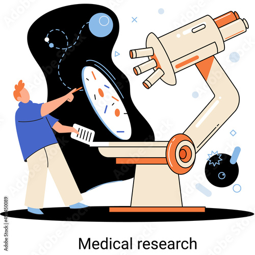 Medical research metaphor. Laboratory diagnostic services, Scientists work equipment and microscope. Virologists chemistry clinic laboratories, microbiology pharmaceutical research. Vaccine discovery