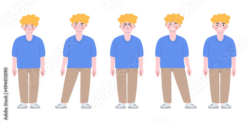 The boy is standing. Different emotions on the face of a child. Grimace set. Flat vector illustration. Eps10