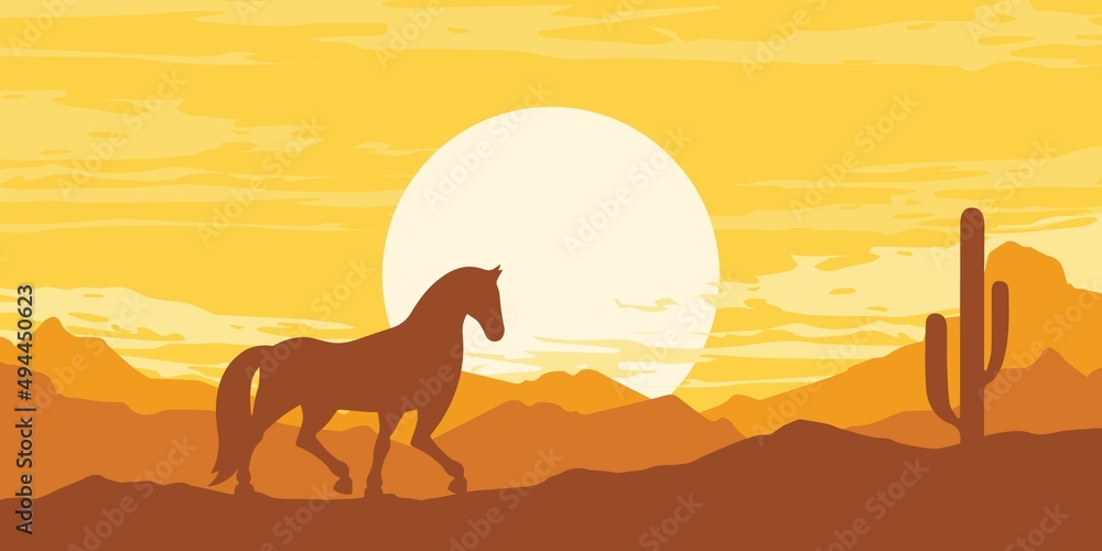 Sunset desert landscape with mountains and cactus. Vector Illustration. Sunset desert landscape with mountains and cactus. Vector Illustration.