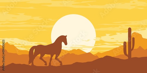 Sunset desert landscape with mountains and cactus. Vector Illustration.