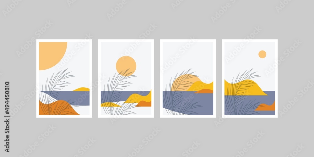 Set of Ocean beach landscapes oasis tropical backgrounds collection with mountain, sand, palm, twigs leaf, moon or sun. poster vector illustration.