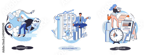 Personal quality concept creative metaphors set. Confidence, accountability and discipline, mental strength, psychological flexibility, decision making, leadership role, personal development