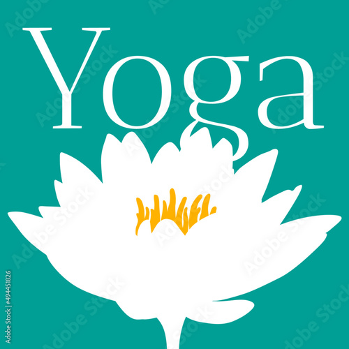 Weiße Lotusblume auf einem Yoga-Schriftzug
