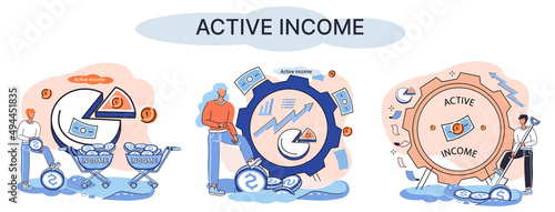 Active income obtained in course of certain activity using your knowledge and skills, getting paid for work. Works, earns salary. Idea of financial growth, business development, wages. Activity growth