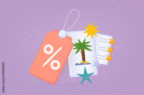 3d coupon or voucher summer discount. Special cool offer at a low price. Loyalty program, free coupon. A special code for a discount or a gift in the form of a voucher. Summer vacation time. Vector.