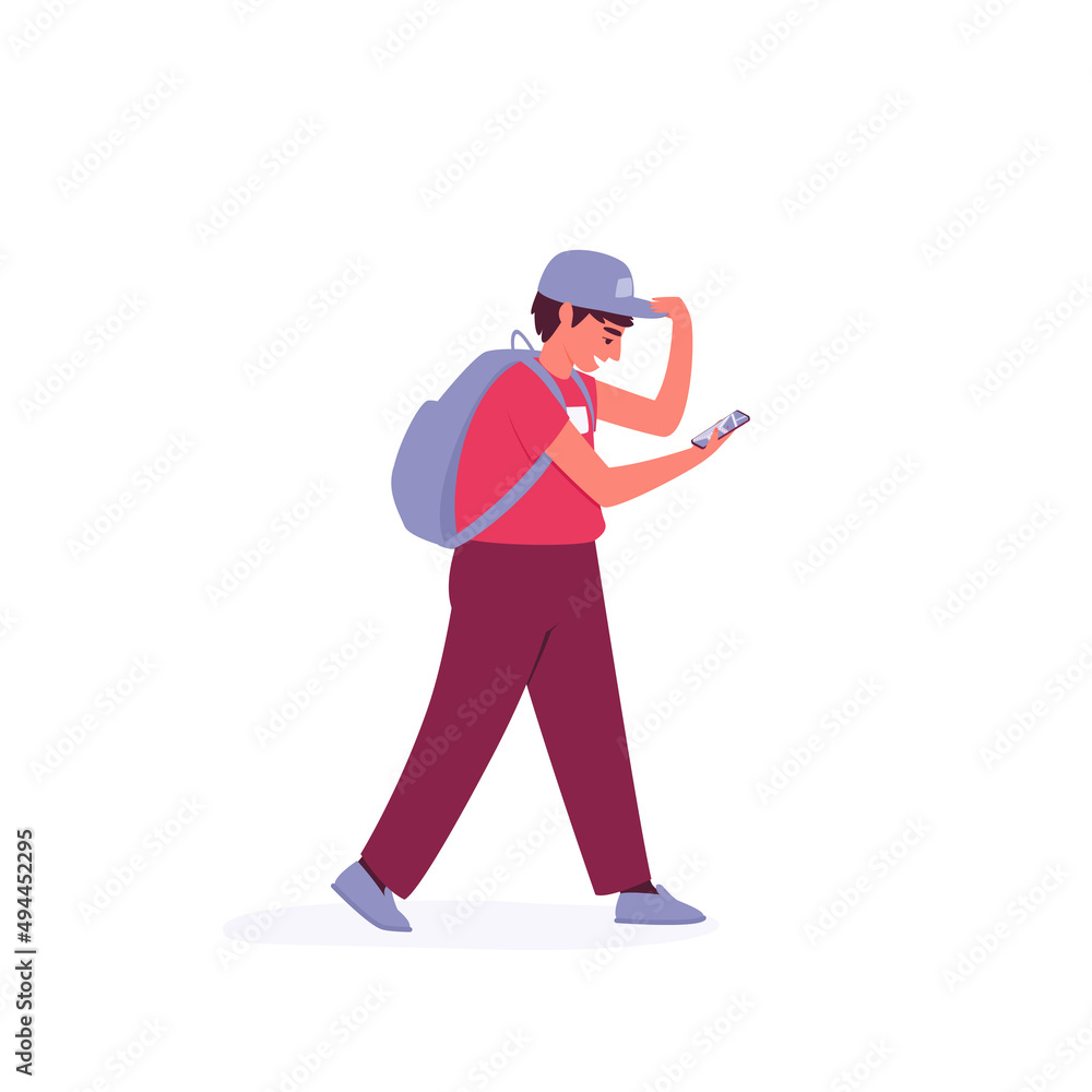 Young tourist traveler walking with a backpack and a map on the phone, on vacation. Tourism concept. Flat vector illustration. Young tourist traveler walking with a backpack and a map on the phone, on vacation. Tourism concept. Flat vector illustration.