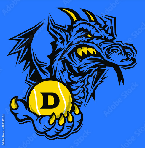 winged dragon mascot holding a tennis ball for school, college or league