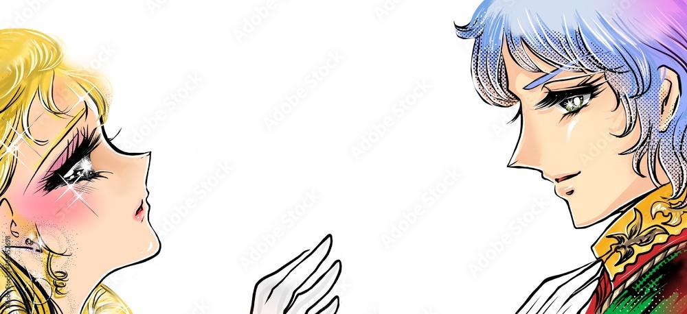 70年代少女漫画かっこいい王子様を見つめる金髪緑の瞳のお姫様と吹き出しのイラスト Stock Illustration Adobe Stock