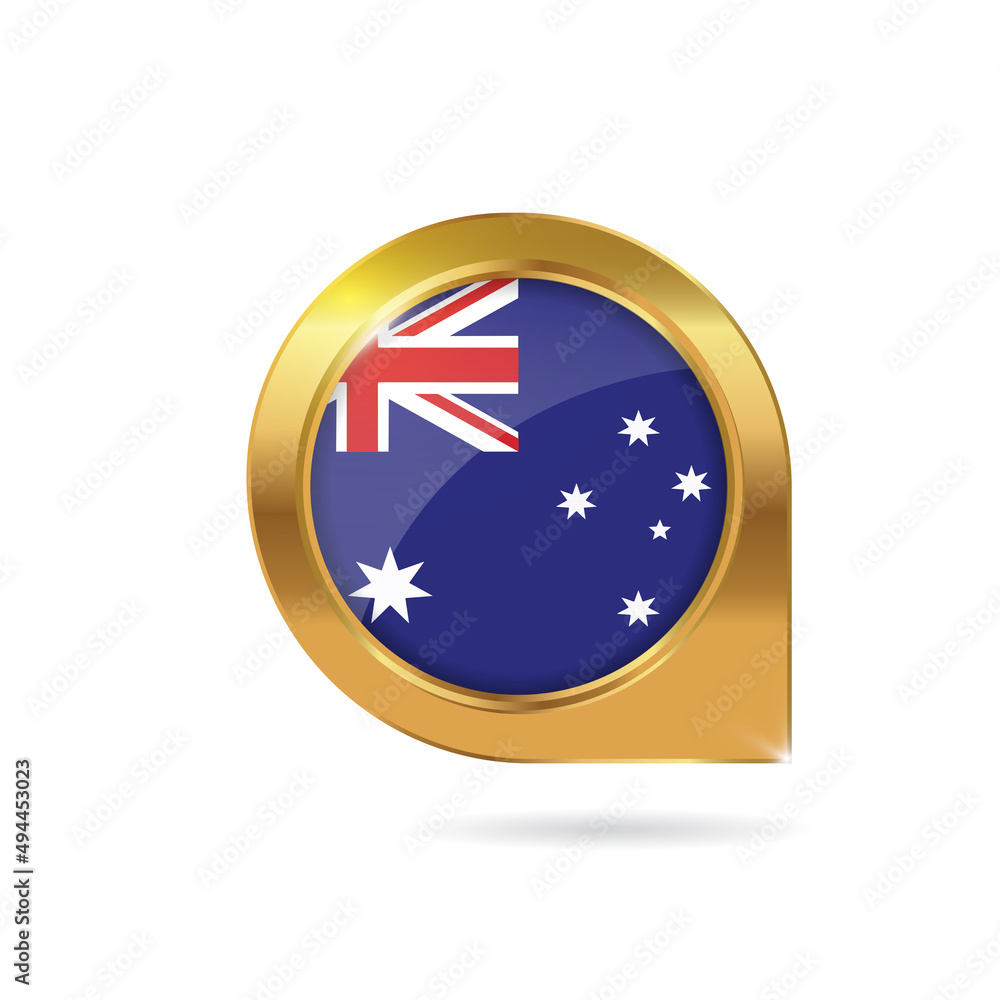 Flag of Australia, location map pin, pointer flag, button with the reflection of light and shadow, gold frame, Icon country. Realistic vector illustration on white background Flag of Australia, location map pin, pointer flag, button with the reflection of light and shadow, gold frame, Icon country. Realistic vector illustration on white background
