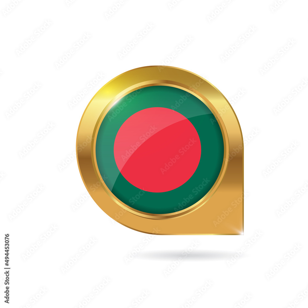 Flag of Bangladesh, location map pin, pointer flag, button with the reflection of light and shadow, gold frame, Icon country. Realistic vector illustration on white background Flag of Bangladesh, location map pin, pointer flag, button with the reflection of light and shadow, gold frame, Icon country. Realistic vector illustration on white background