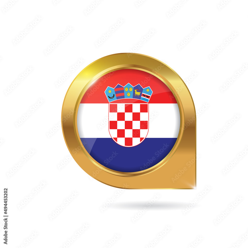Flag of Croatia, location map pin, pointer flag, button with the reflection of light and shadow, gold frame, Icon country. Realistic vector illustration on white background