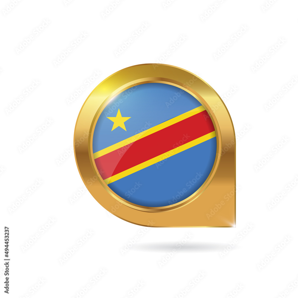 Naklejka premium Flag of Democratic Republic of the Congo, location map pin, pointer flag, button with the reflection of light and shadow, gold frame, Icon country. Realistic vector illustration on white background